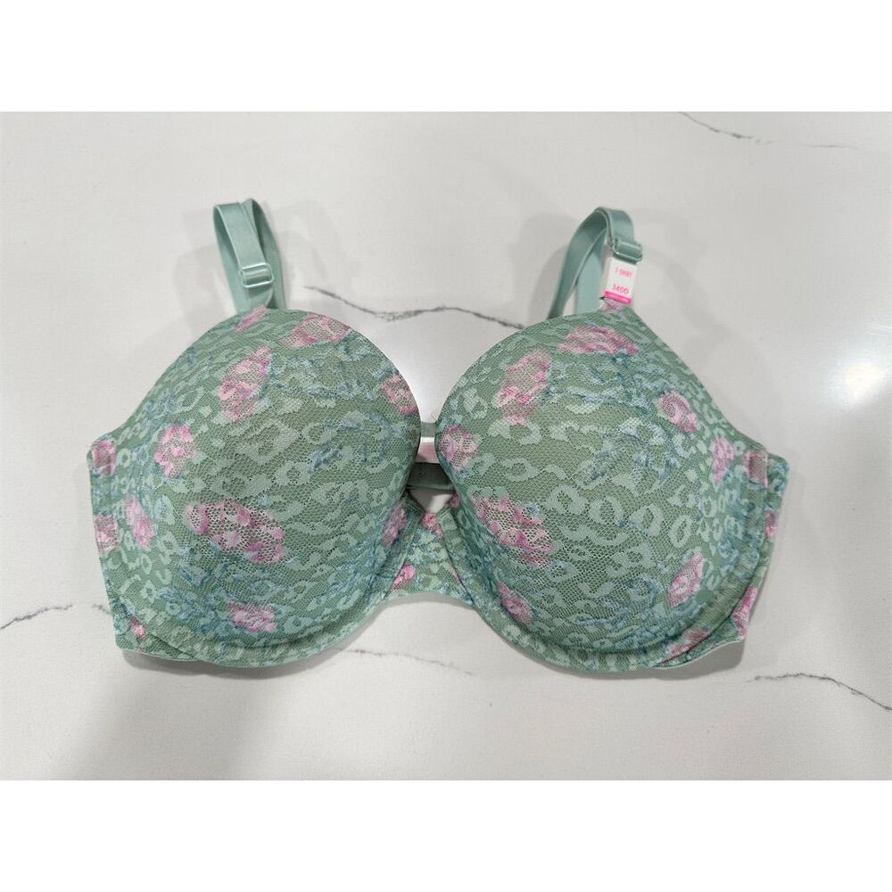 Victoria's Secret PINK 34DD Green‎ Floral Lace Lightly Lined Demi Bra